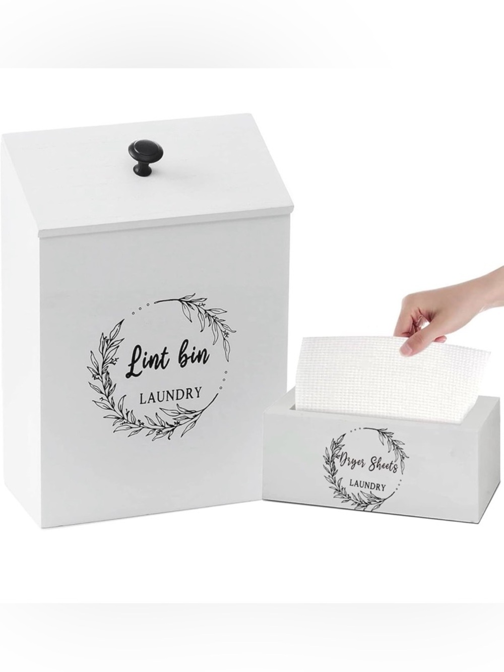 Farmhouse Wooden Lint Trash Can with Lid and Dryer Sheet Dispenser Box